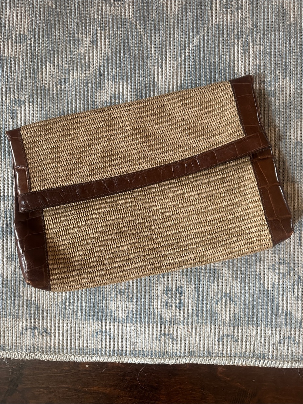 Woven Straw Foldover Clutch with Brown Leather Trim